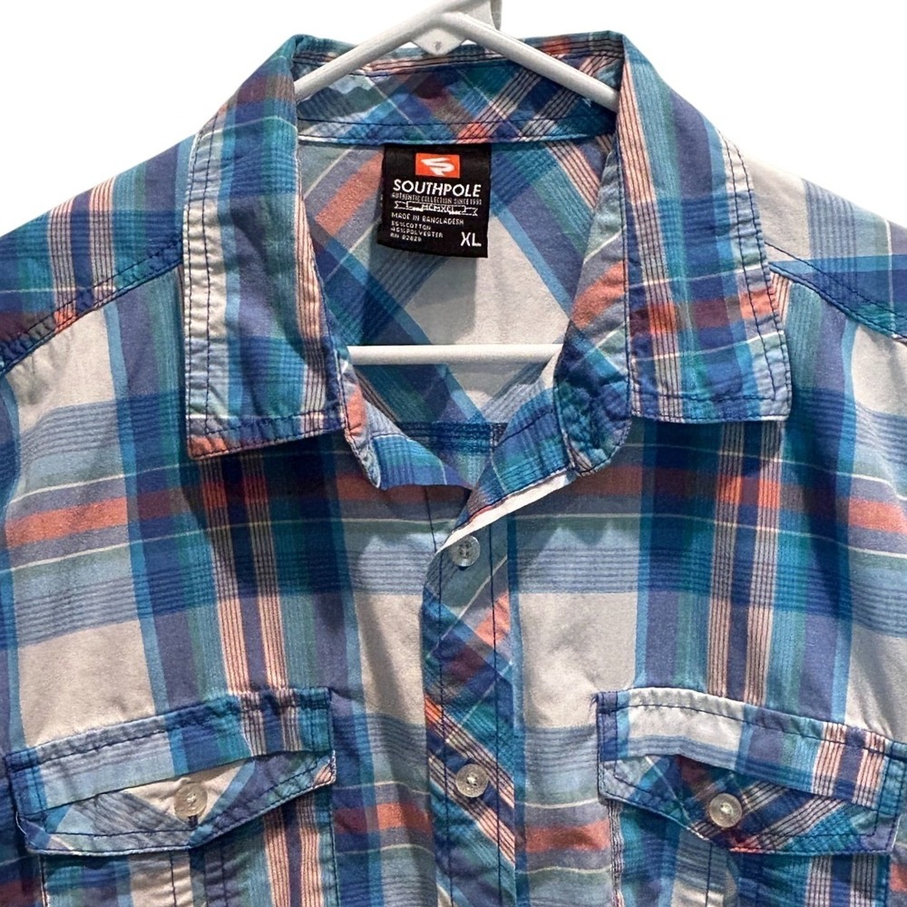 Southpole Plaid Button Down Shirt Large Mens Blue Orange Short Sleeve Streetwear